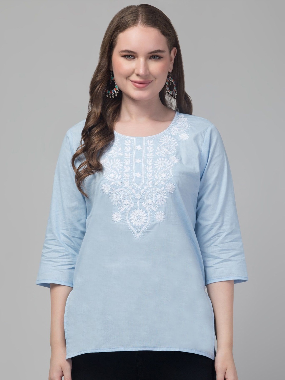 

FAMBEE Floral Embroidered Thread Work Pure Cotton Thread Work Kurti, Blue