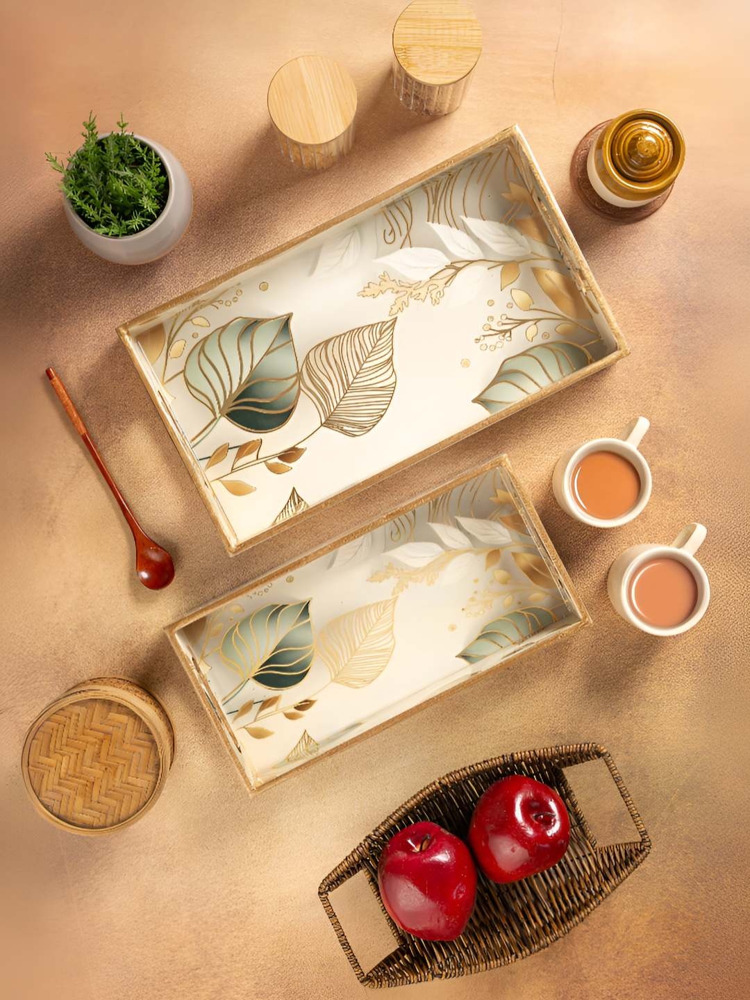 

HomeShastra White & Green 2 Pieces Floral Printed Wooden Serving Trays