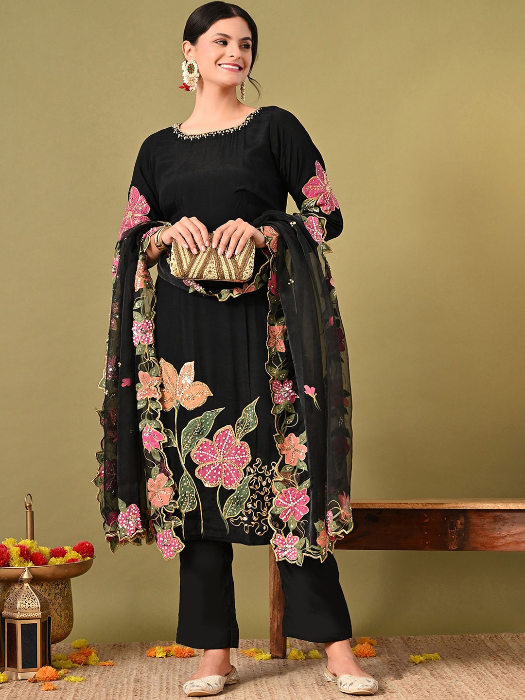 

ZARIKALI Floral Embroidered Pure Silk Straight Kurta With Trousers & Dupatta, Black