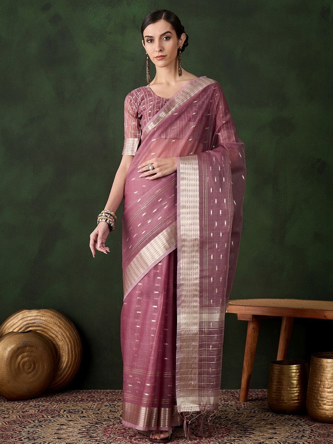 

ODETTE Woven Saree With Unstitched Blouse, Pink