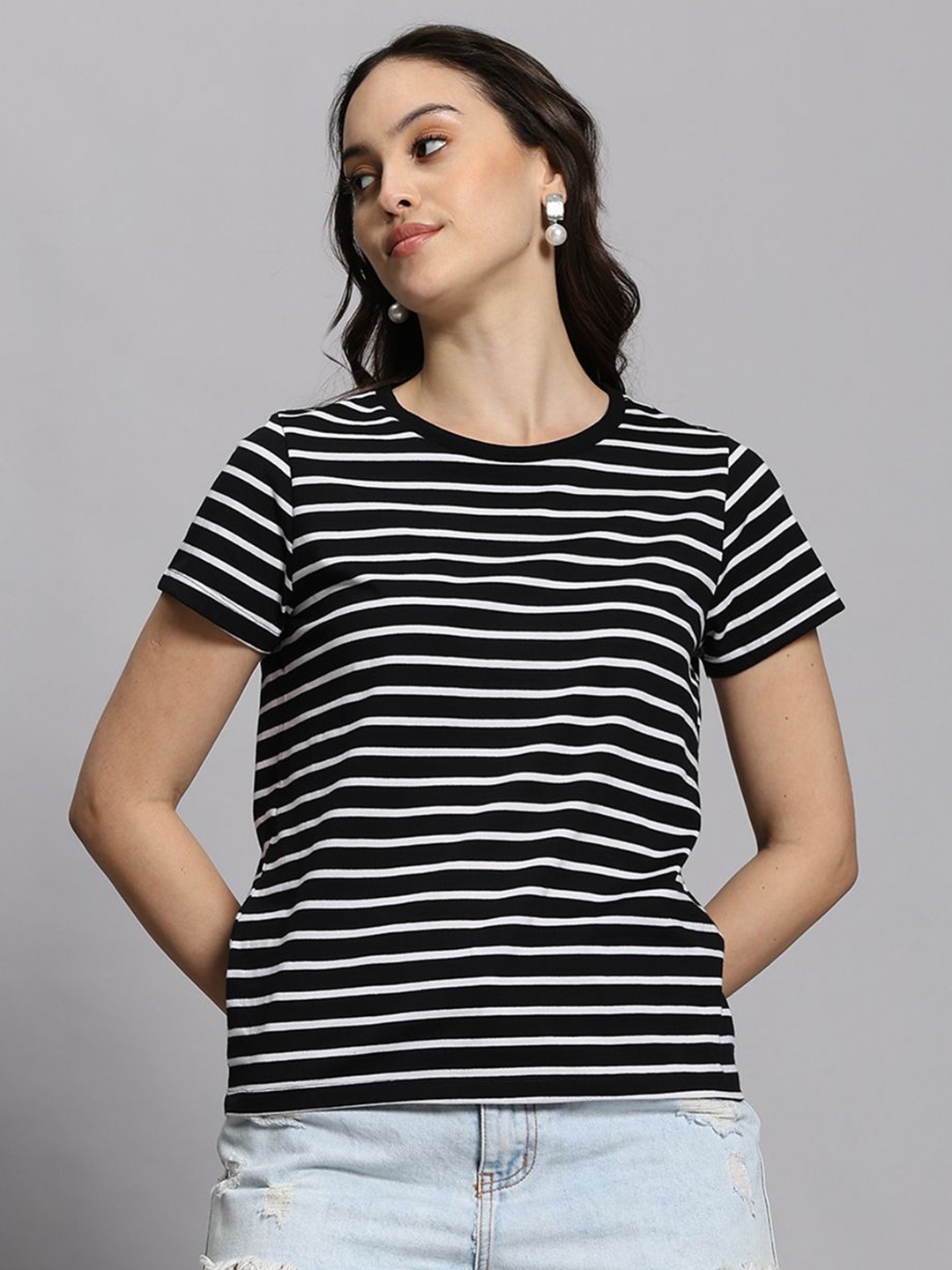 

COLORCART Women Dry Fit Striped Round Neck Cotton T-shirt, Black