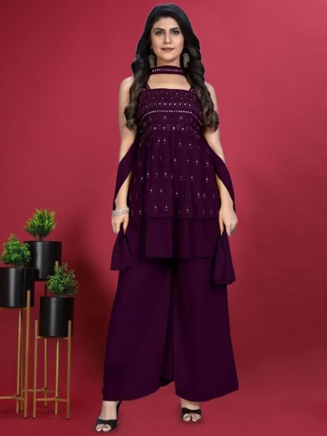 

PARROT CREATION Floral Embroidered Sequinned Georgette Kurti With Palazzos And Dupatta, Purple