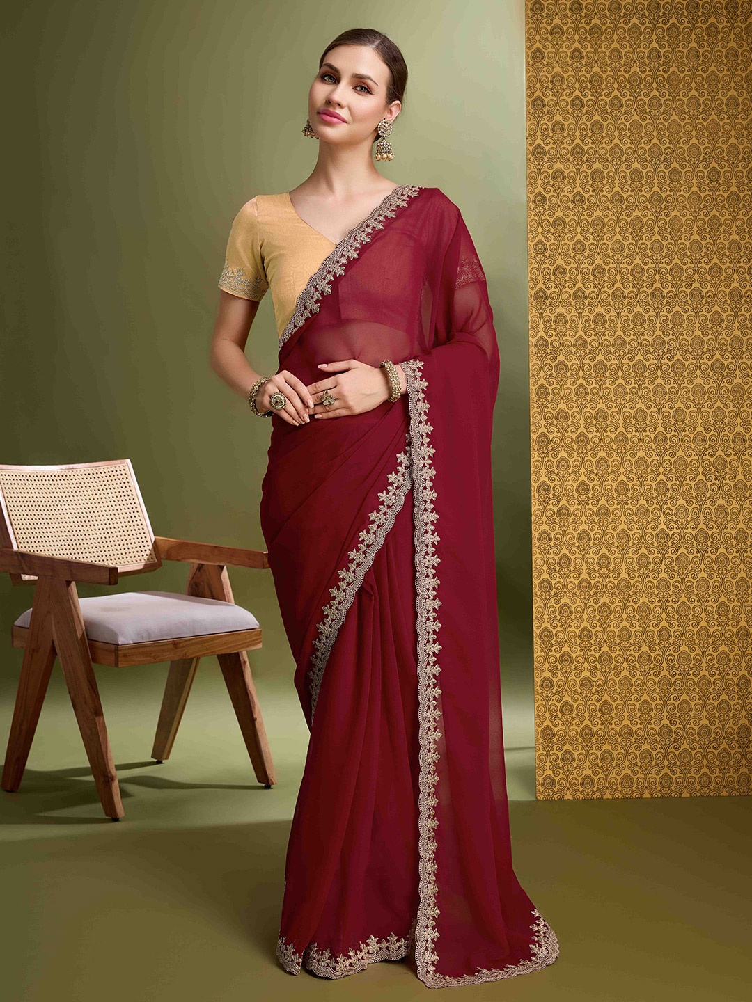 

Mitera Embroidered Pure Georgette Saree, Maroon