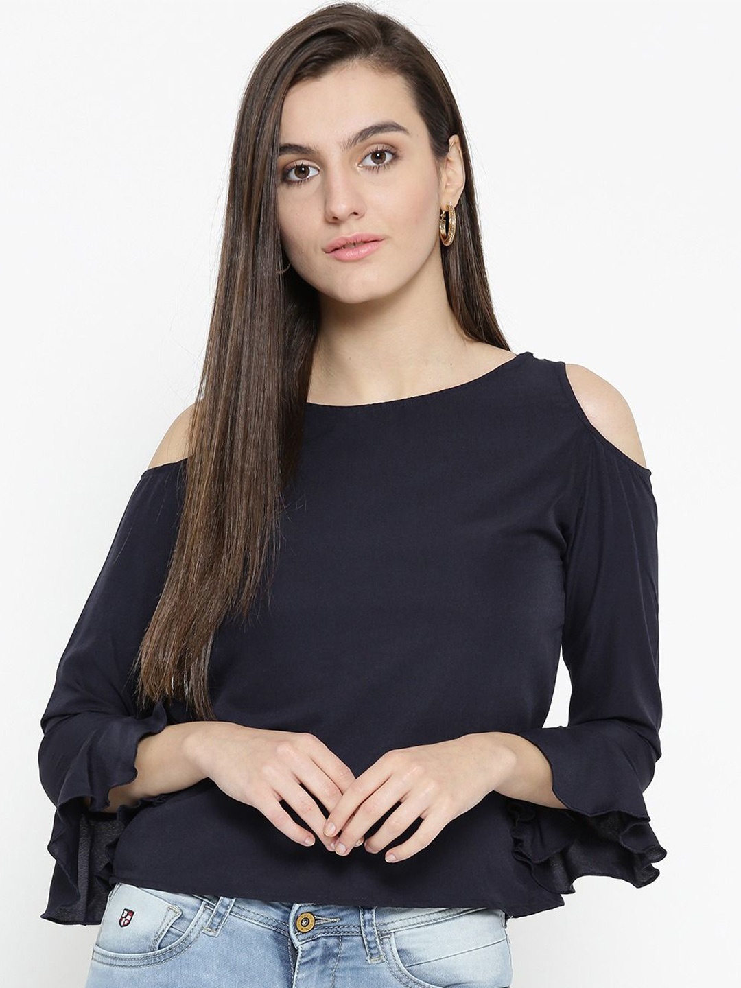 

Moda Rapido Round Neck Cold-Shoulder Sleeve Top, Navy blue