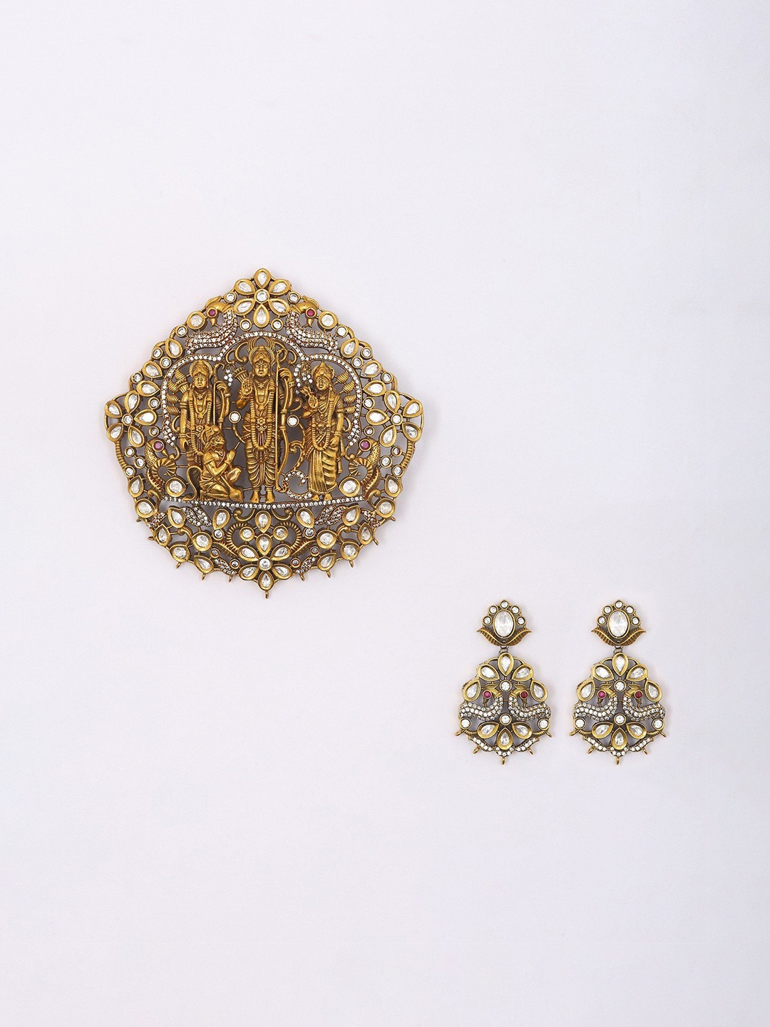 

Exotic India Stone Studded Ram Darbar Pendant and Earring Set, Gold