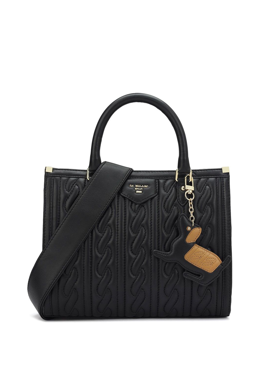 

Da Milano Textured Leather Structured Satchel with Quilted, Black