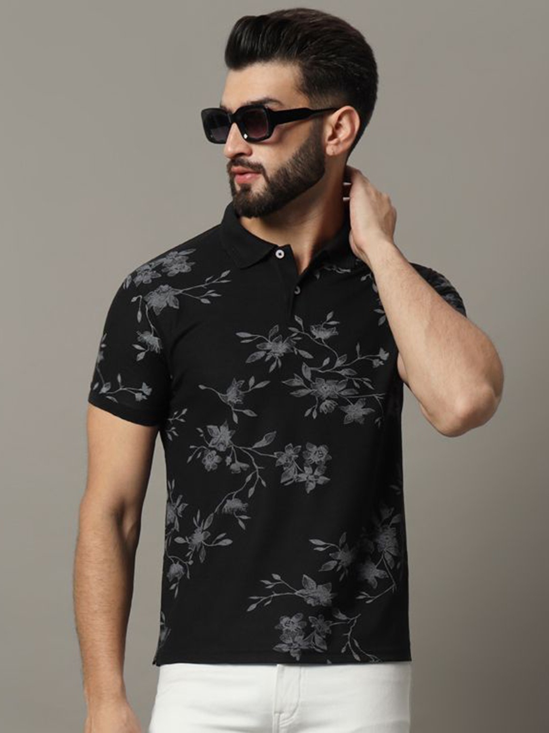 

R.ARHAN PREMIUM Men Floral Printed Polo Collar Cotton T-shirt, Black