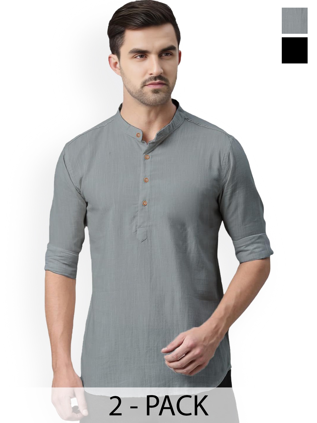 

Vida Loca Selection Of 2 Band Collar Cotton Straight Short Kurtas, Grey