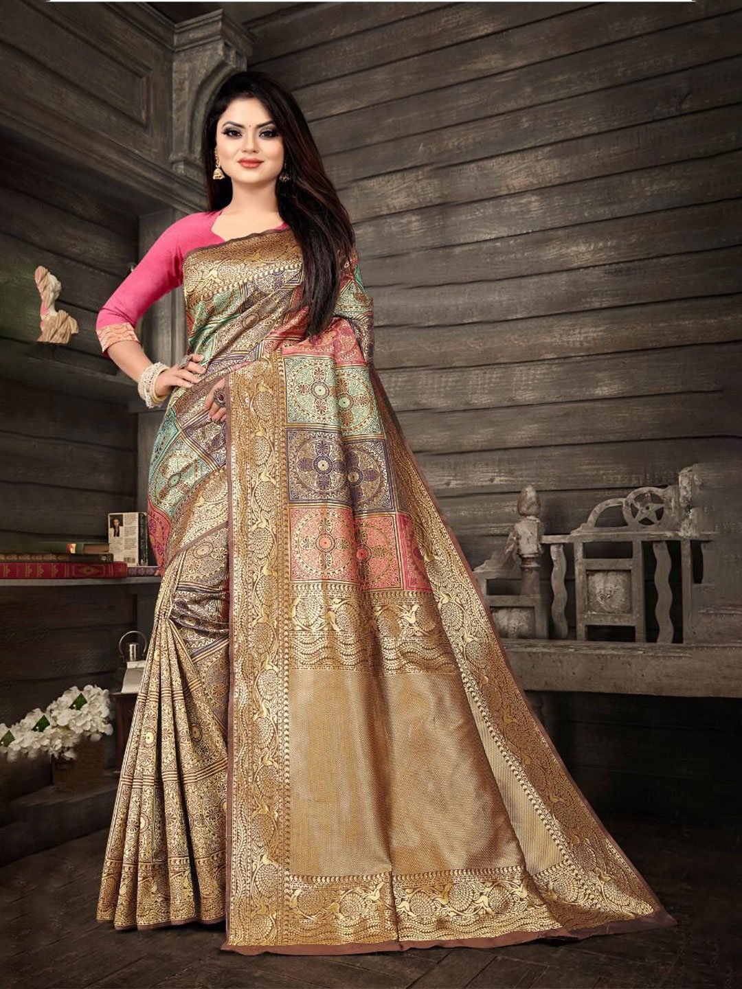 

A TO Z CART Woven Design Zari Pure Silk Banarasi Saree, Gold