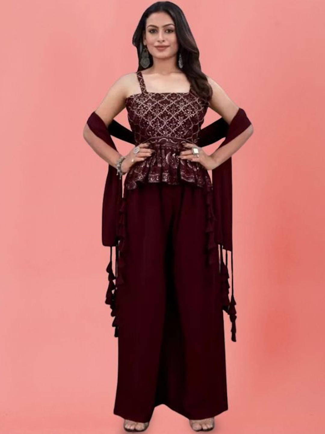 

PARROT CREATION Ethnic Motifs Embroidered Georgette A-Line Kurti With Palazzo And Dupatta, Maroon