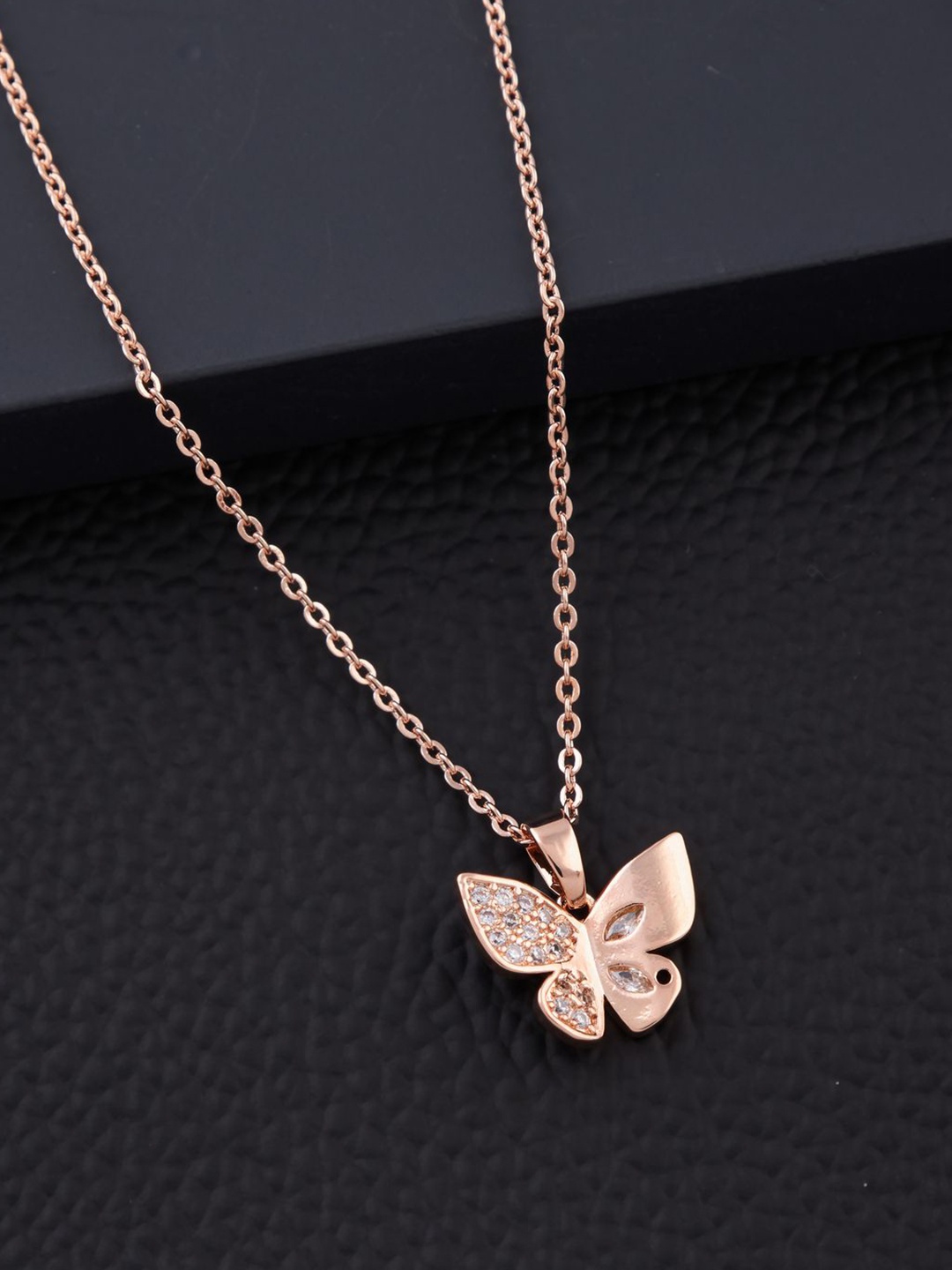 

SOLIBELLE Rose Gold-Plated Artificial Stones Studded Butterfly Pendants With Chains