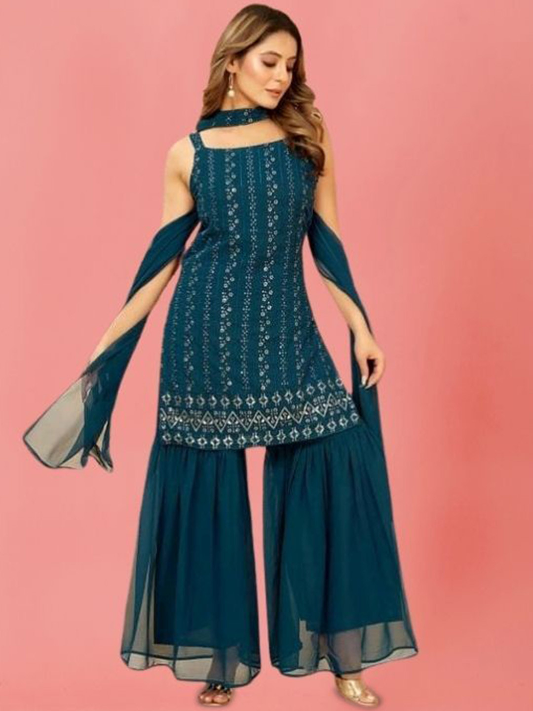 

PARROT CREATION Embroidered Straight Sequinned Kurti With Sharara And Dupatta, Turquoise blue
