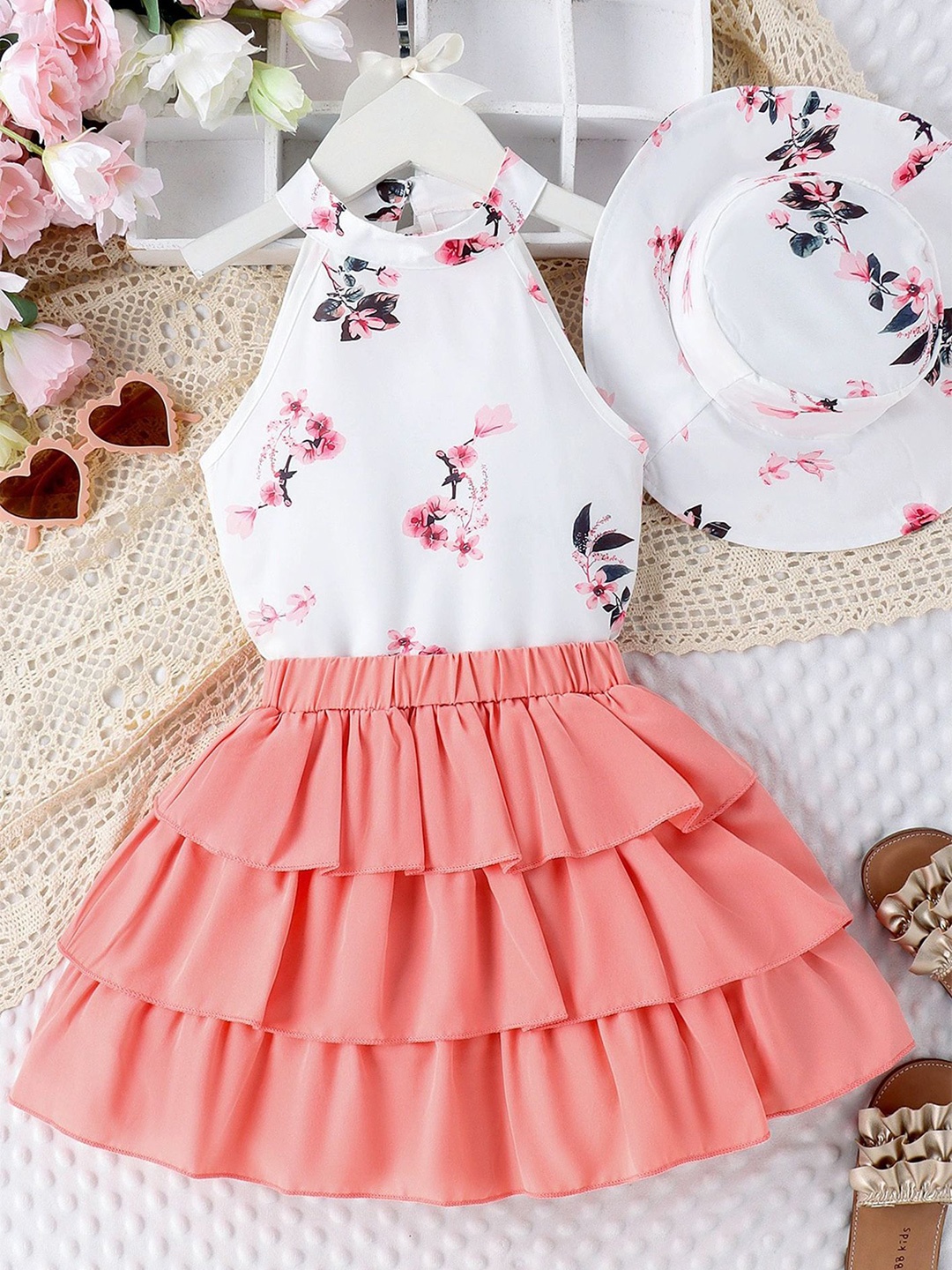 

LULU & SKY Girls Floral Printed Top with Tiered Skirt With Cap, Pink