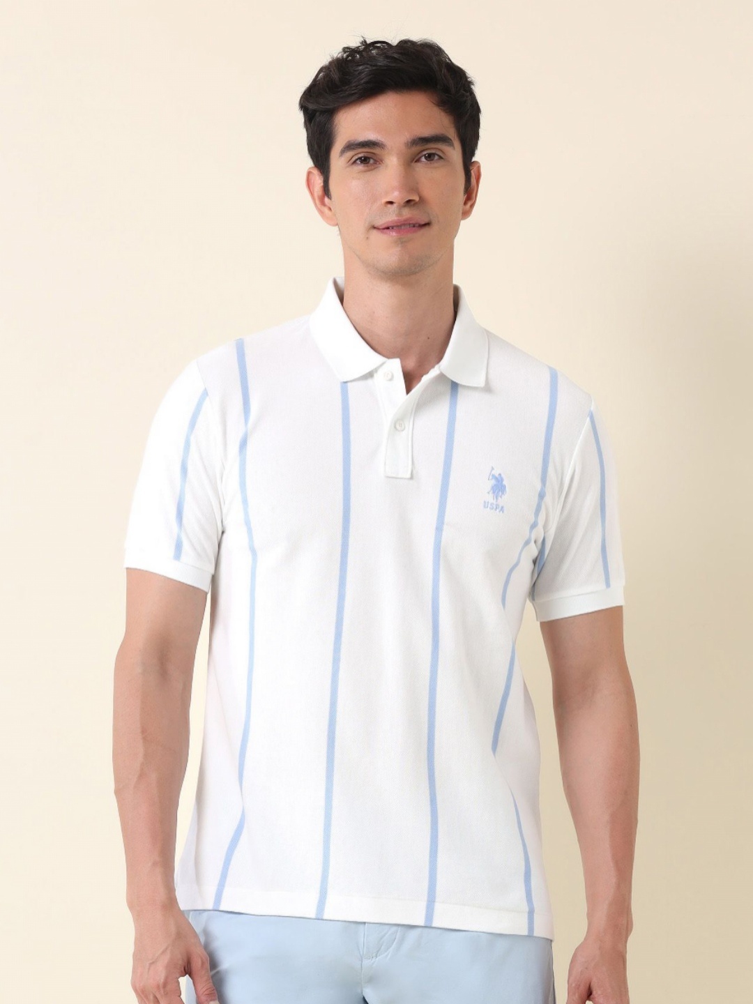 

U.S. Polo Assn. Men Striped Polo Collar Cotton T-shirt, White
