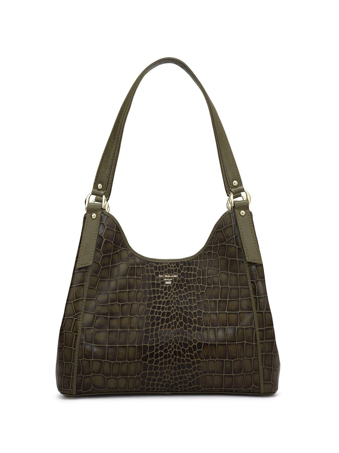 

Da Milano Animal Printed Leather Bucket Tote Bag with Cut Work, Green