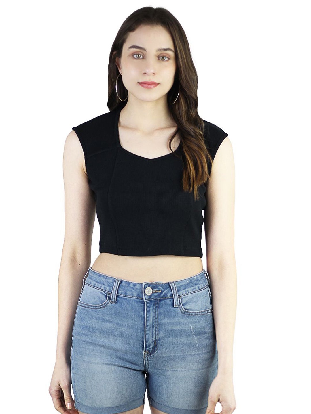 

ARTYSKA Women Sweetheart Neck Fitted Crop Top, Black