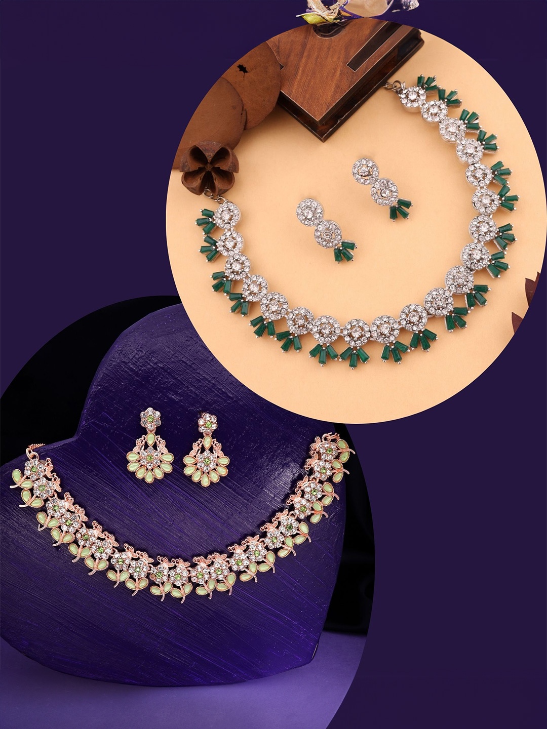 

DIVASTRI Set Of 2 Silver Plated American Diamond Studded Jewellery Set