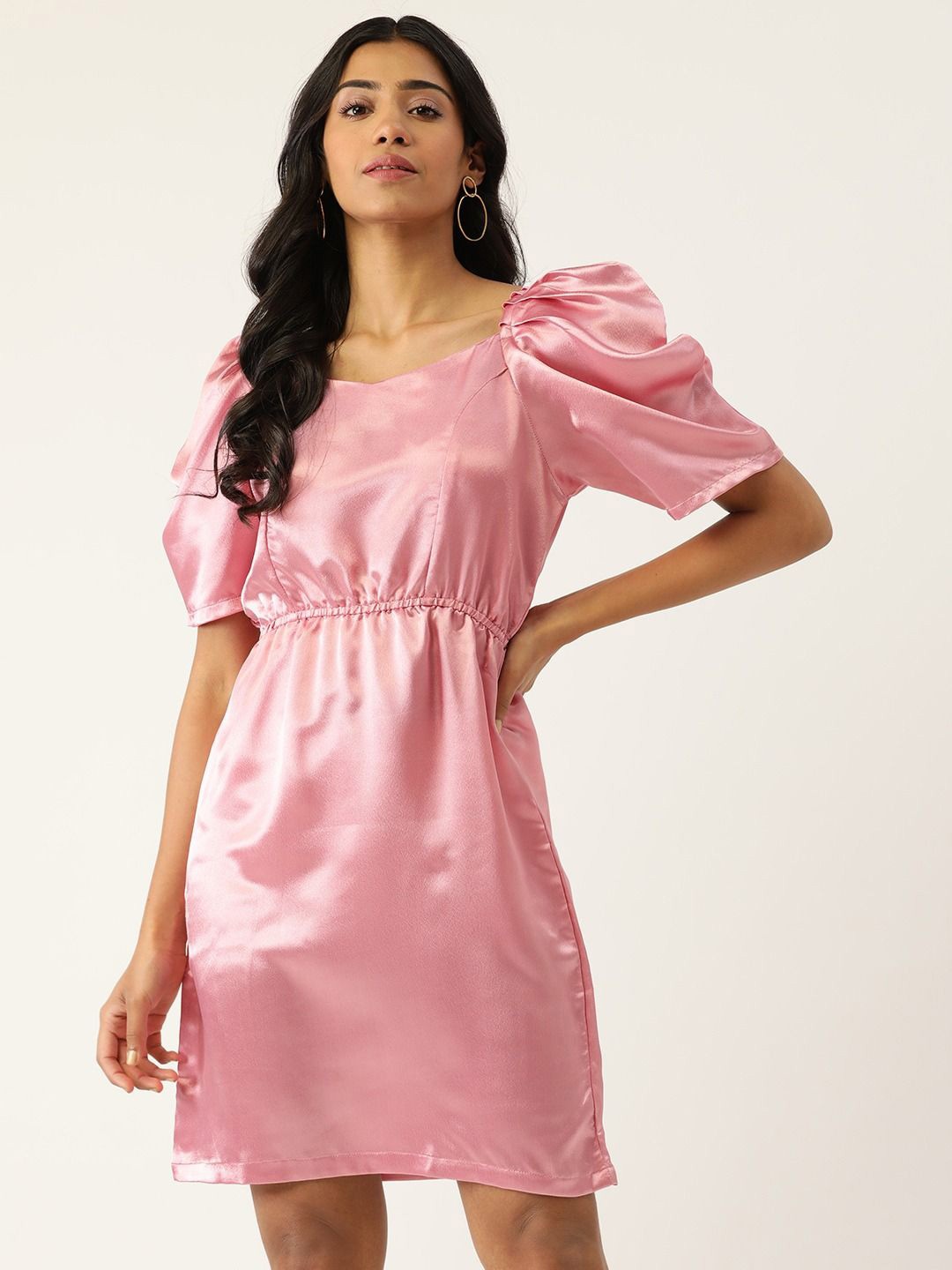 

Moda Rapido Women Solid Puff Sleeve Satin A-Line Dress, Pink