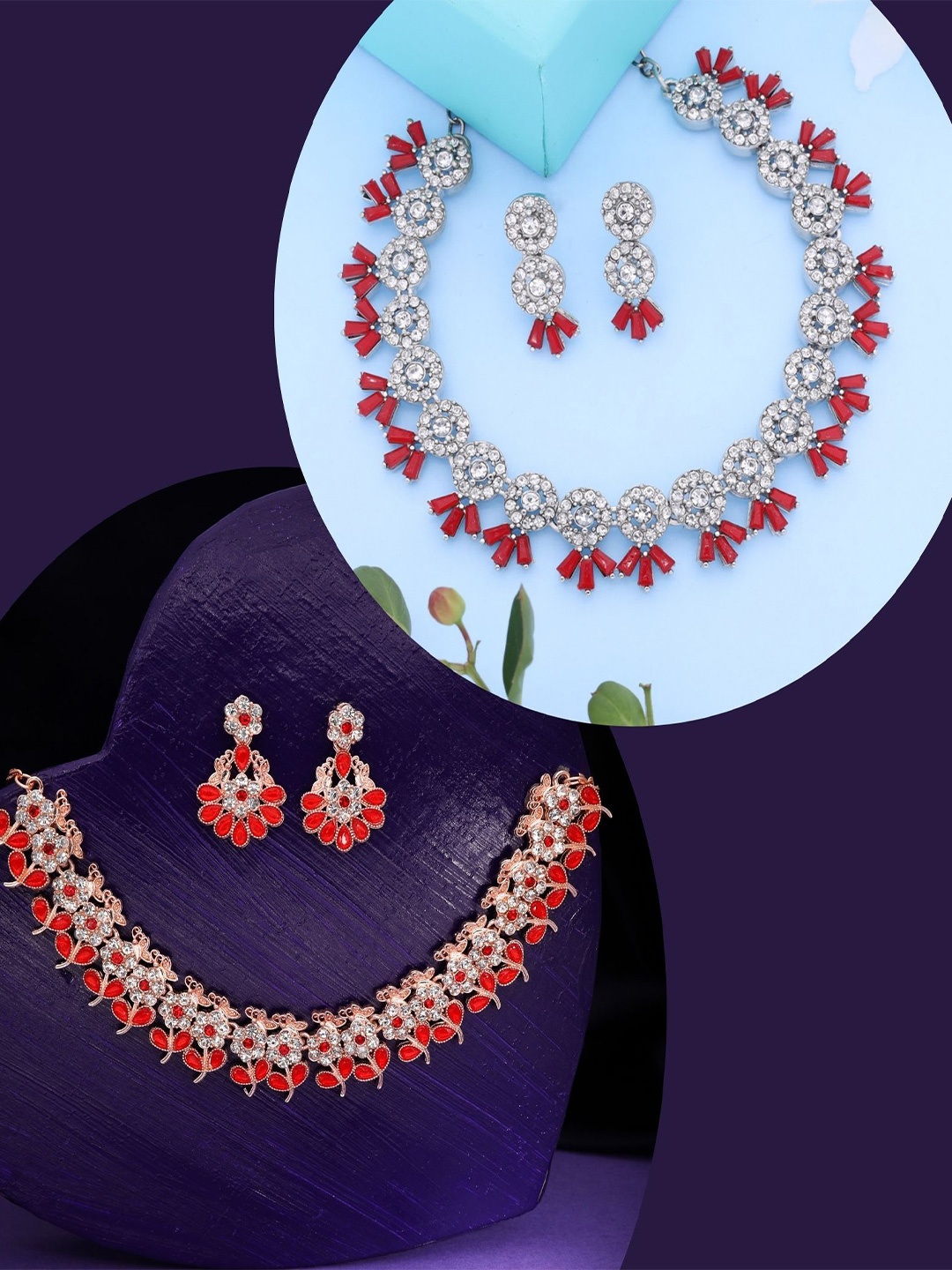 

DIVASTRI Set Of 2 Silver-Plated American Diamond Stone Studded Jewellery Set