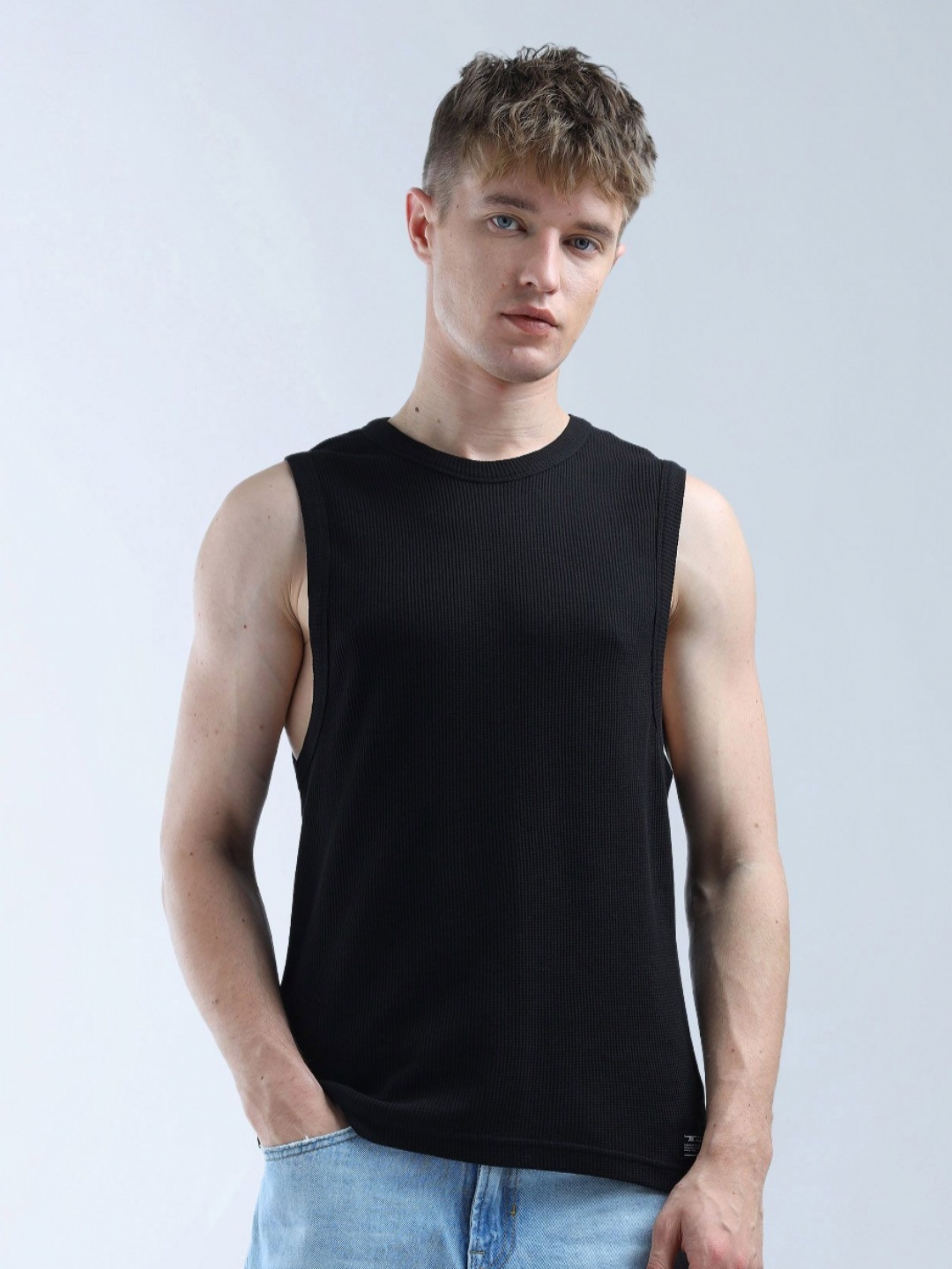

Flying Machine Men Self Design Round Neck Cotton Relaxed Fit T-shirt, Black