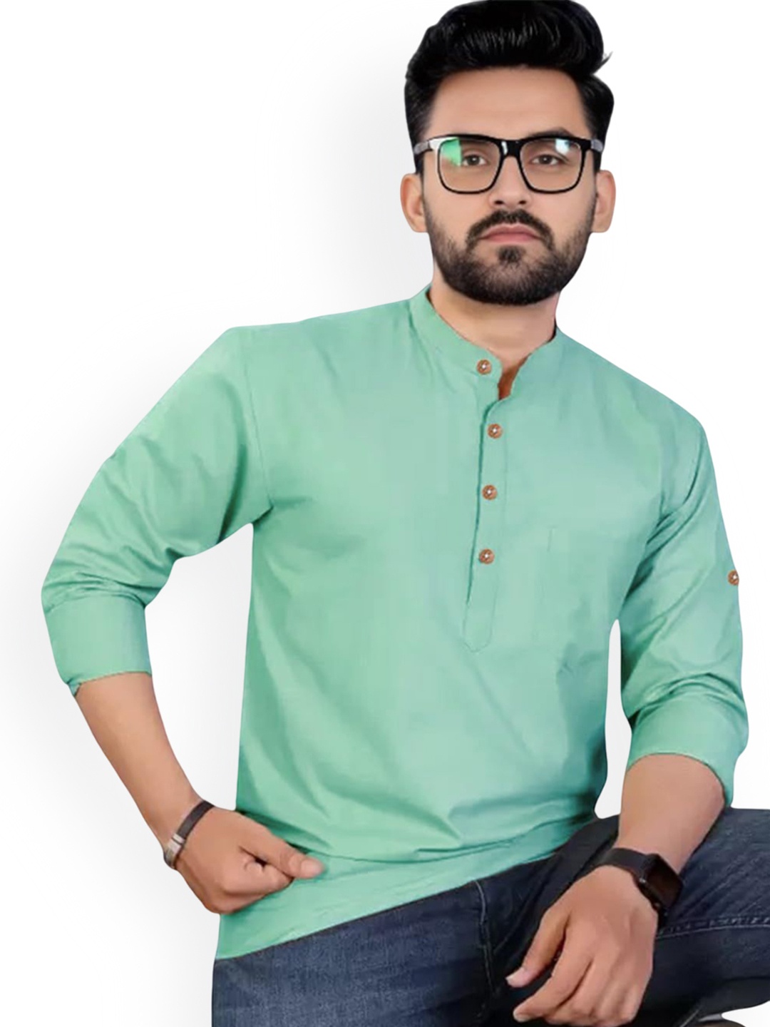 

Vida Loca Band Collar Cotton Straight Short Kurta, Lime green