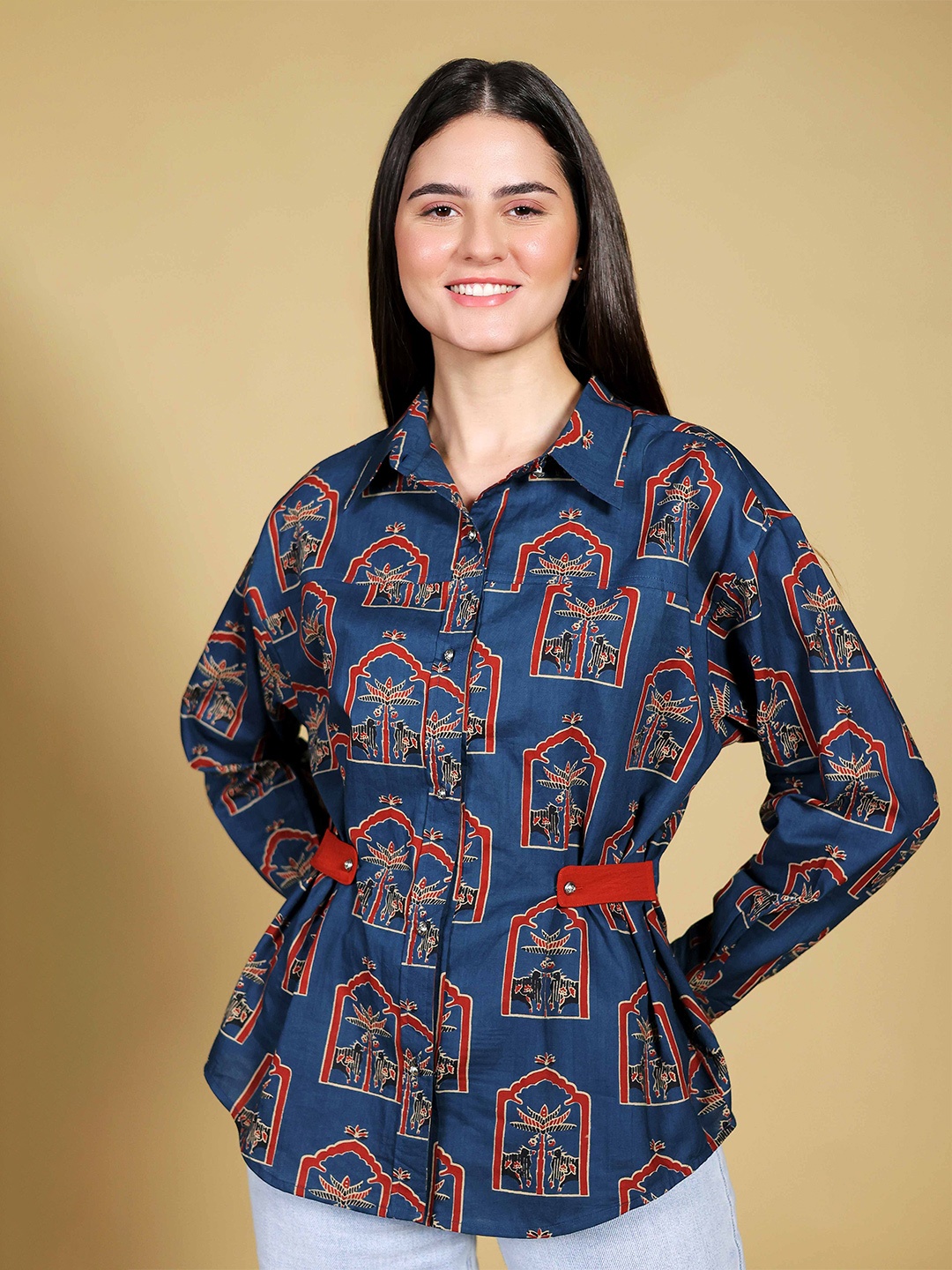 

BEOM Women Standard Opaque Printed Casual Shirt, Blue