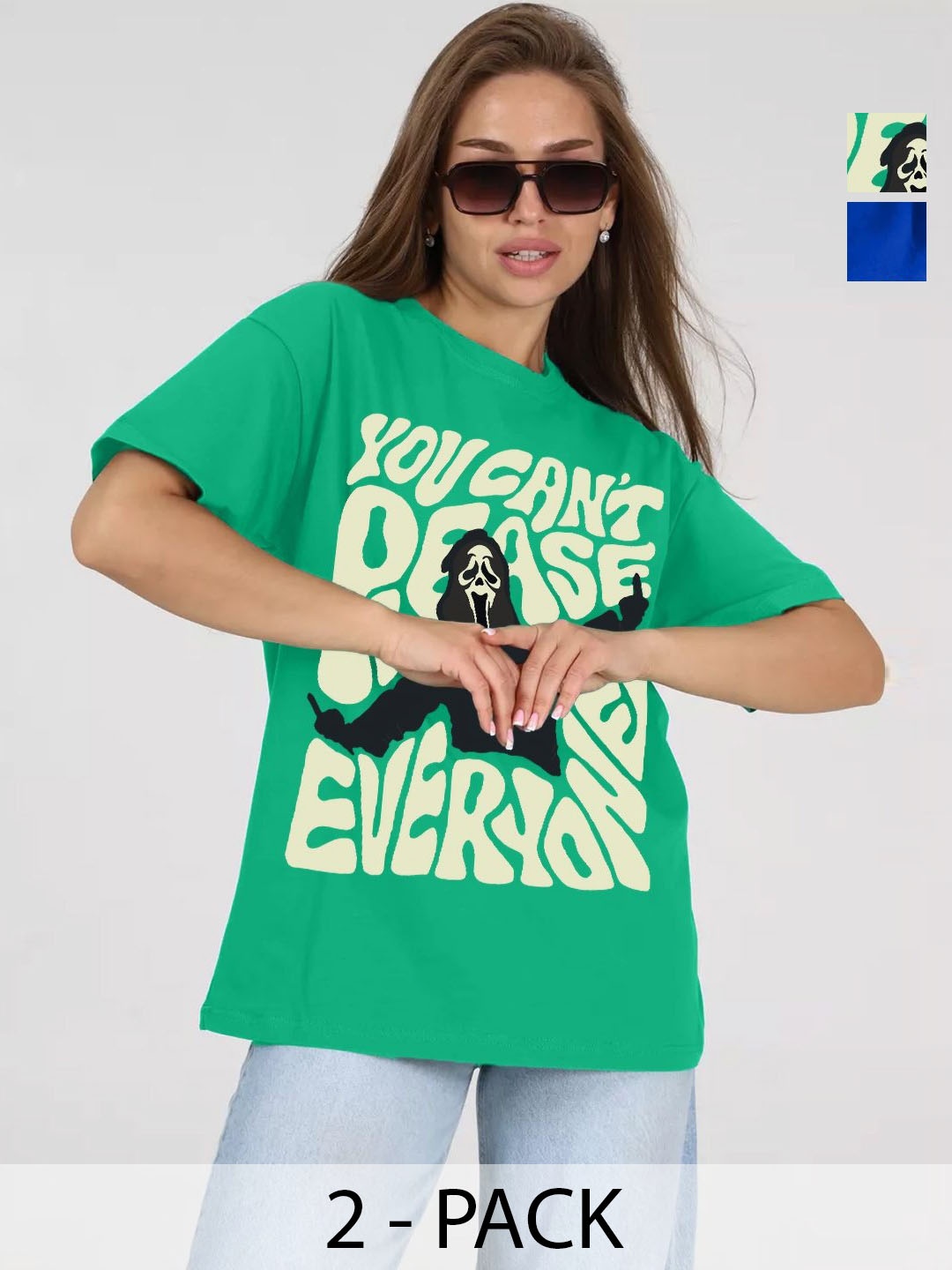

Leotude Women Pack Of 2 Graphic Printed Round Neck Cotton Oversized T-shirts, Green
