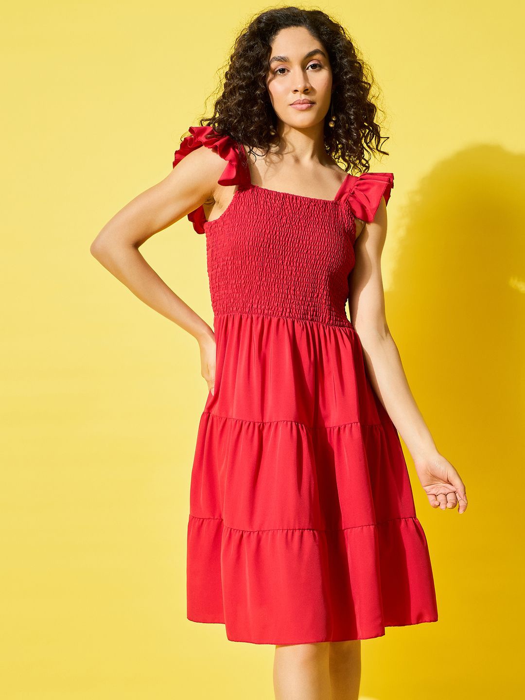 

BUY NEW TREND Women Smocked Flutter Sleeve Tiered Fit & Flare Dress, Red
