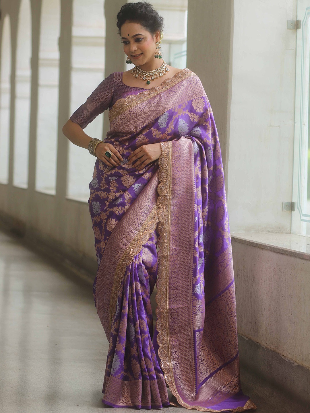

Banarasee Woven Design Zari Poly Georgette Banarasi Saree, Lavender