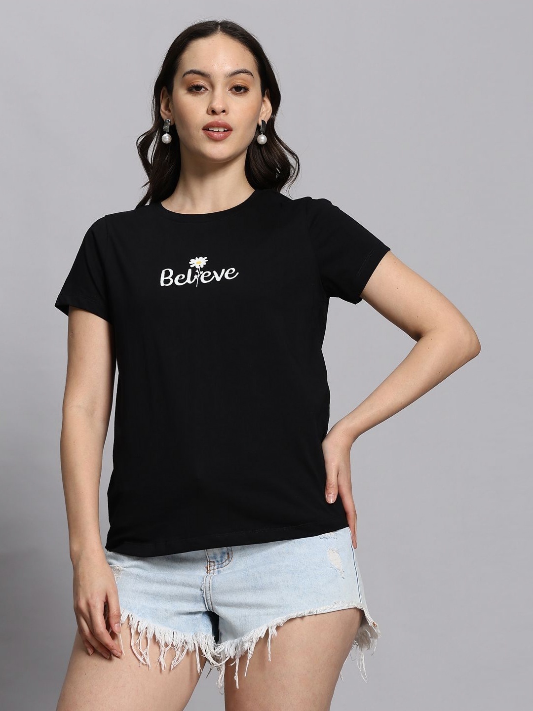 

COLORCART Women Dry Fit Typography Printed Round Neck Cotton T-shirt, Black