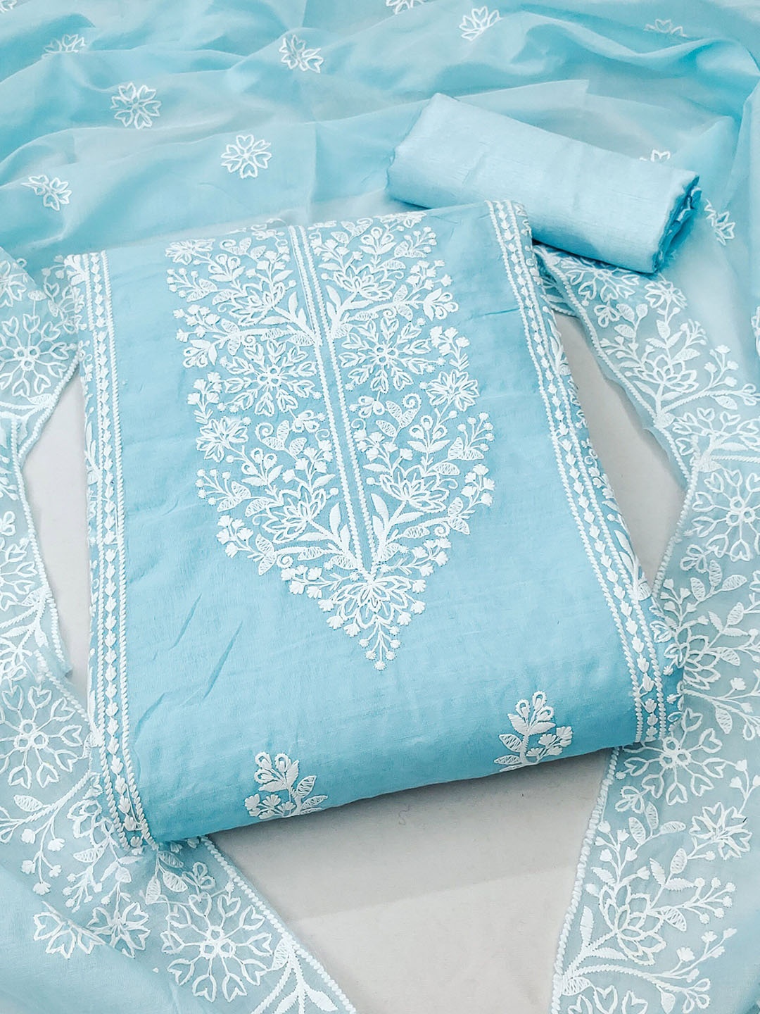 

SAINOOR Floral Embroidered Chanderi Cotton Unstitched Dress Material, Blue