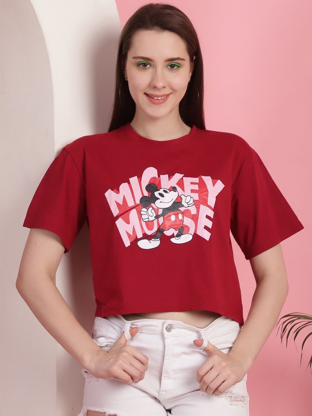 

Dreambe Women Mickey Mouse Graphic Printed Round Neck Cotton Boxy T-shirt, Maroon