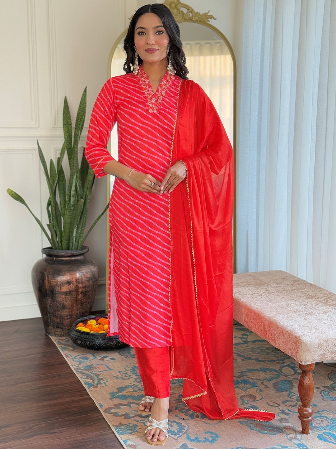 

KALINI Striped Thread Work Straight Kurta With Trousers & Dupatta, Pink