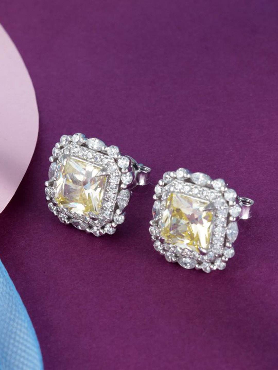 

Tuanz Silver Jewelry 925 Sterling Silver Rhodium-Plated Stone Studded Classic Shaped Studs