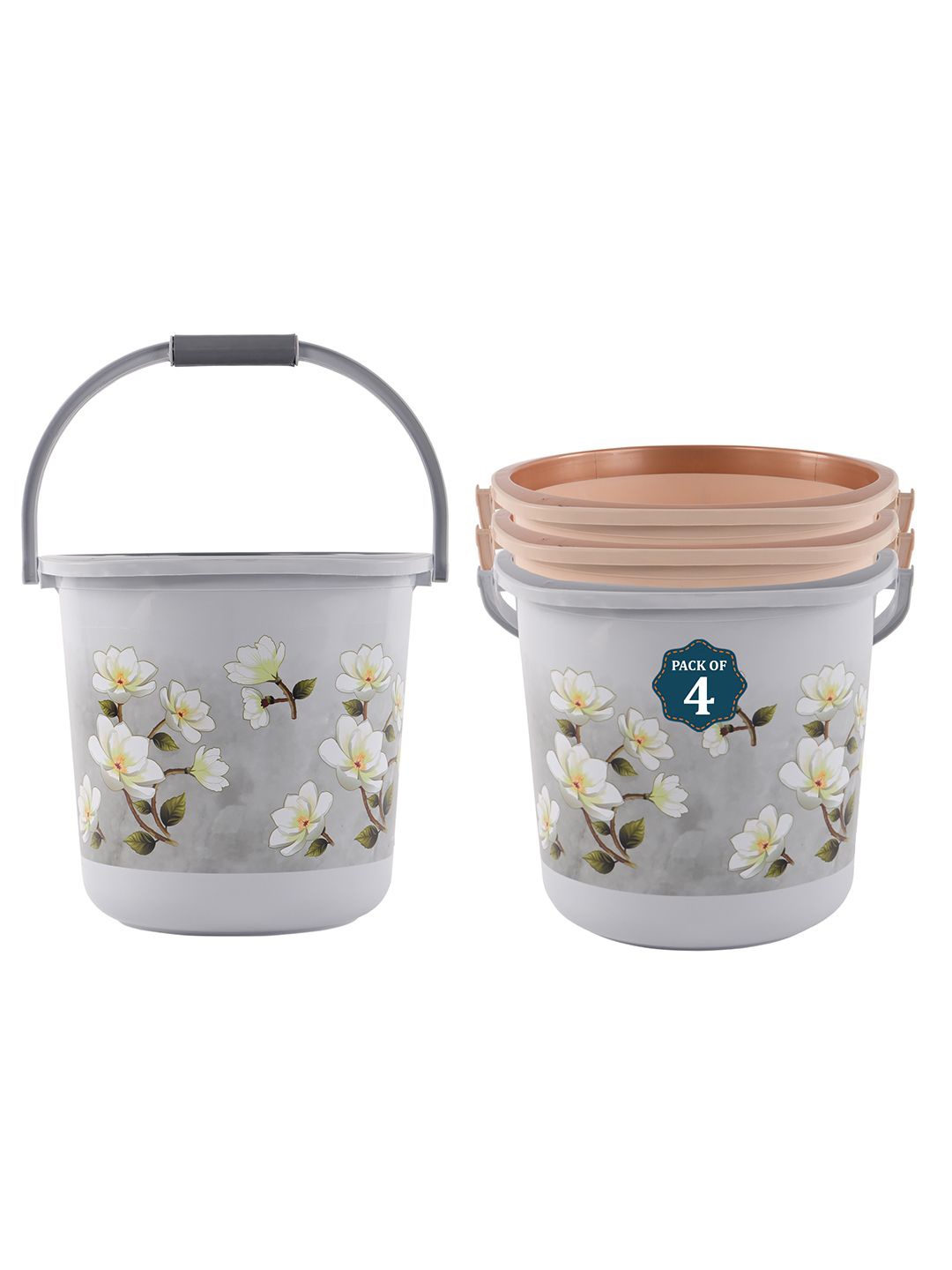 

Kuber Industries Grey & Brown 4 Pieces Floral Printed Bucket 18L