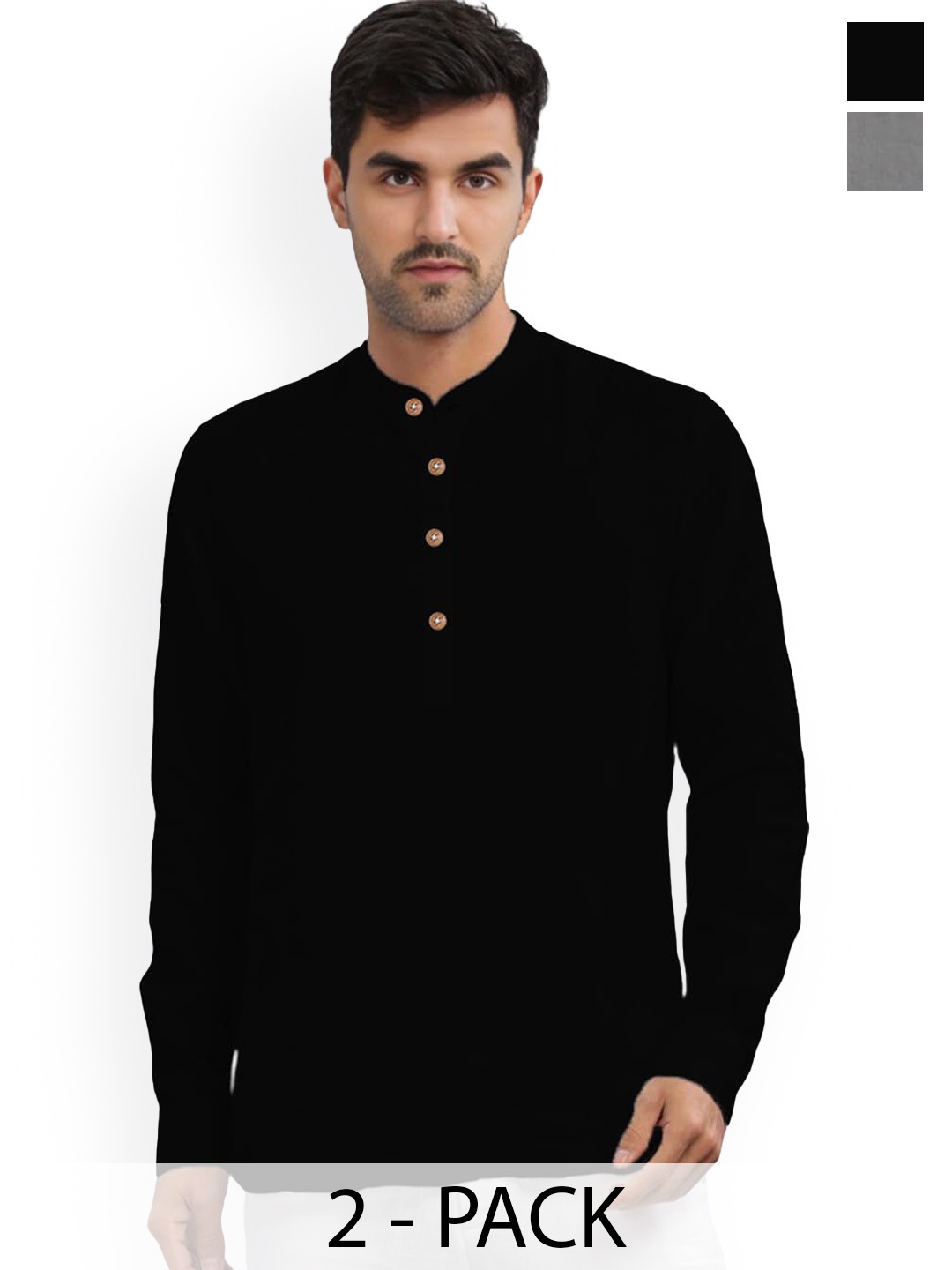

Vida Loca Pack Of 2 Band Collar Roll-Up Sleeves Cotton Straight Short Kurtas, Black