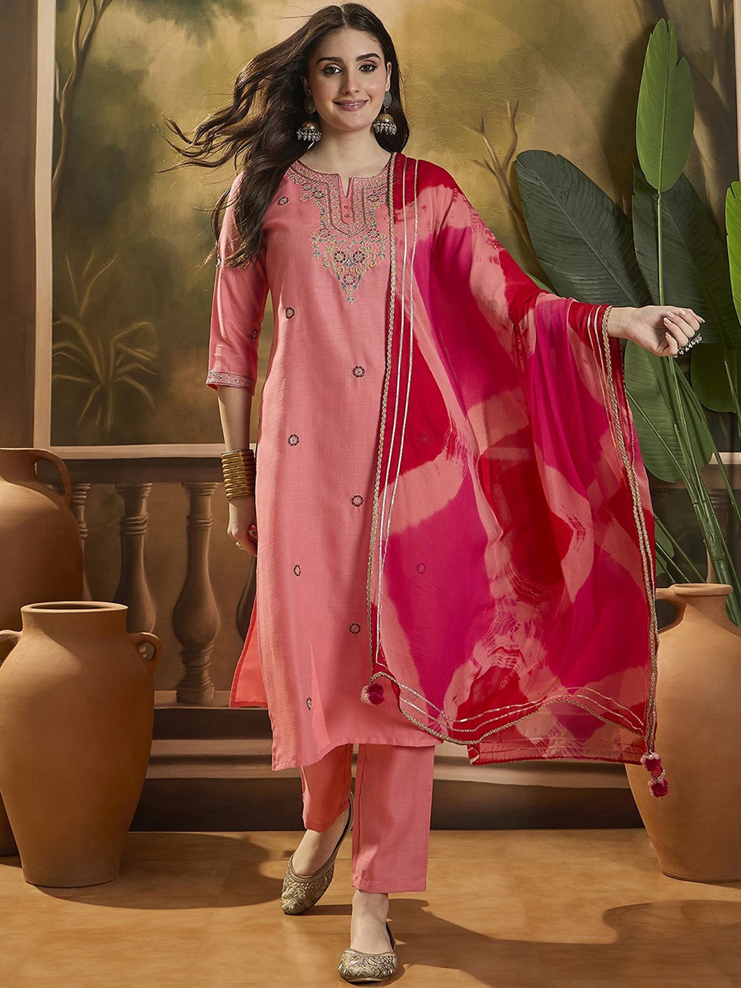 

Sangria Embroidered Three Quarter Sleeves Kurta Set With Dupatta, Peach