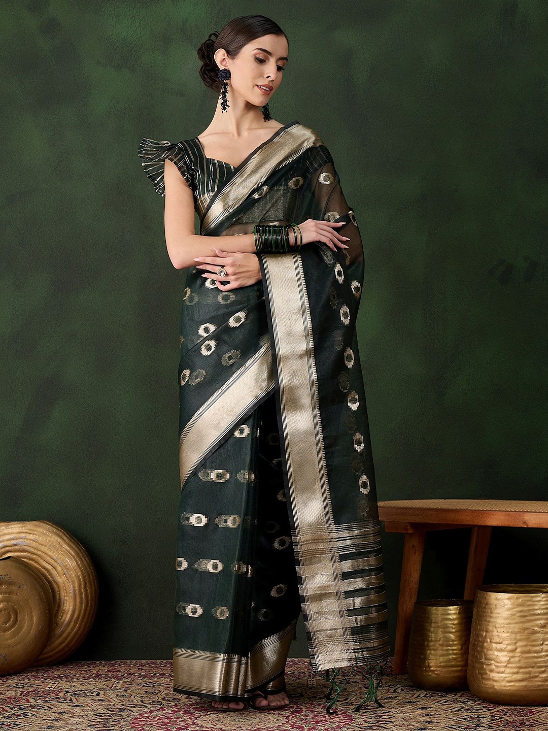 

Maroosh Woven Design Zari Organza Saree, Green