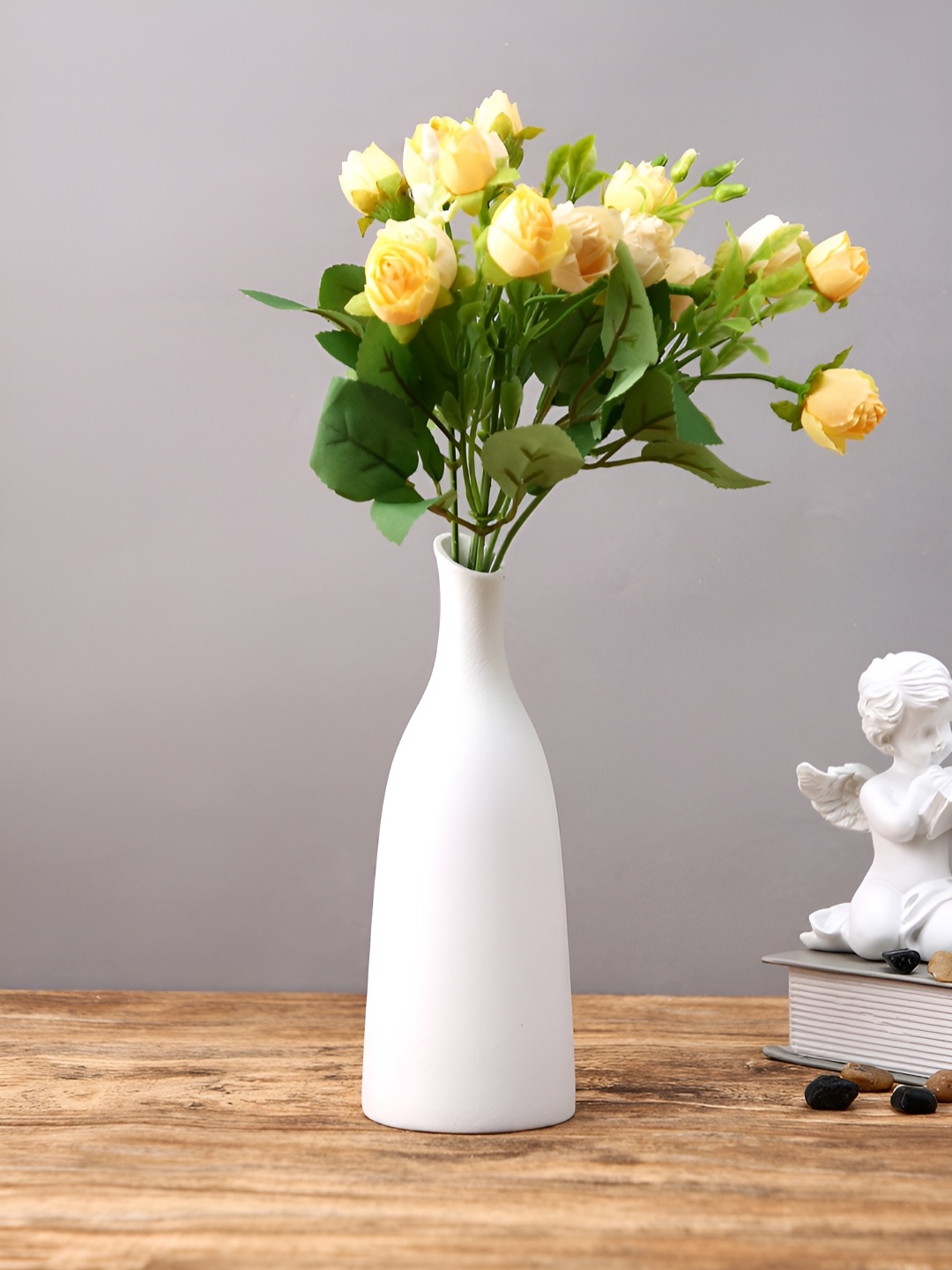 

TAYHAA Yellow And Green 2 Pieces Rose Buds Artificial Flowers With Pot