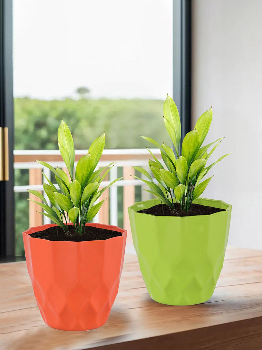 

Kuber Industries Orange Colored & Green 6 Pieces Textured Planters