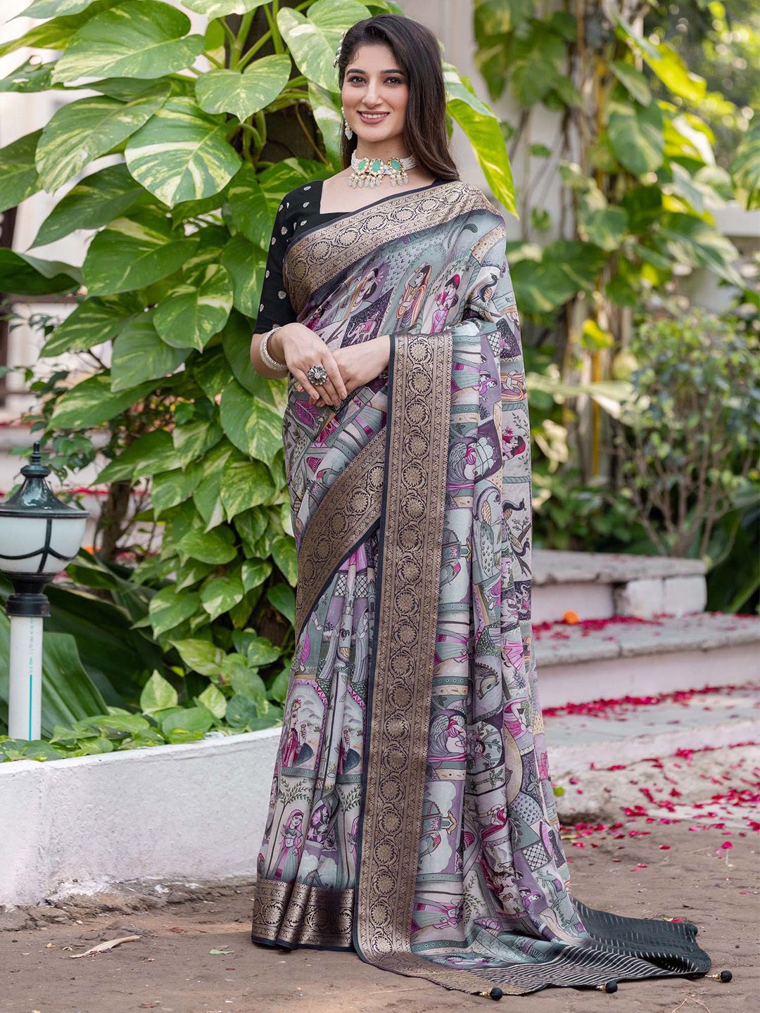 

Anouk Kalamkari Zari Sungudi Saree, Grey