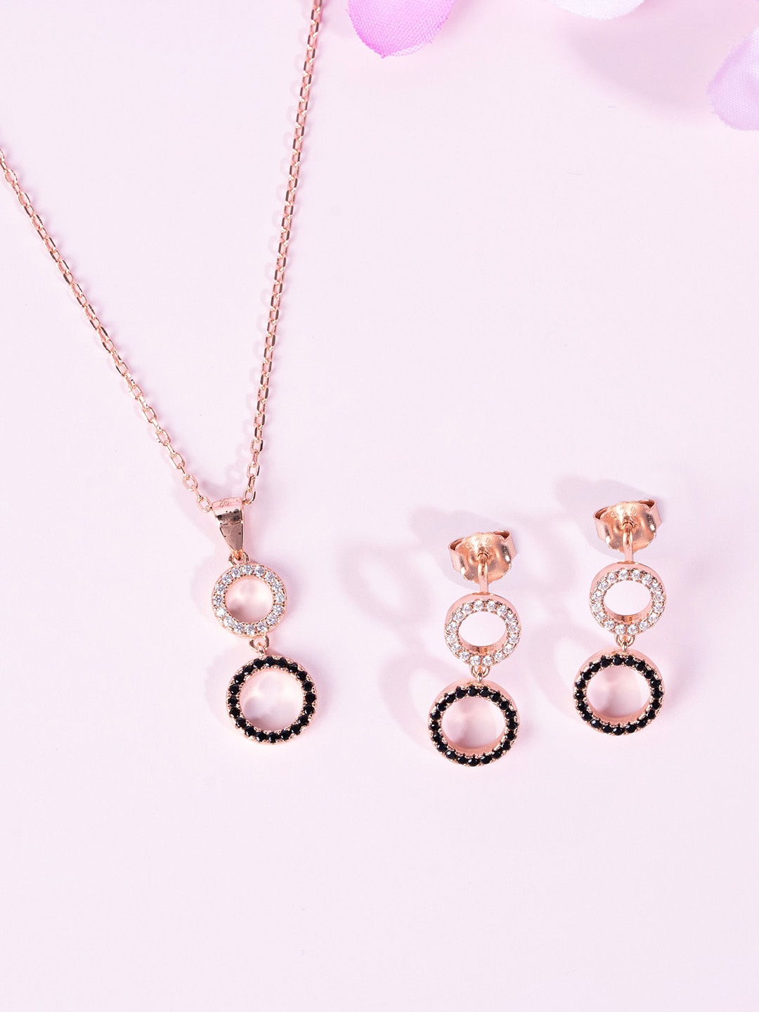 

GLYTERS 925 Sterling Silver Rose Gold-Plated Stone-Studded Eclipse Charm Jewellery Set