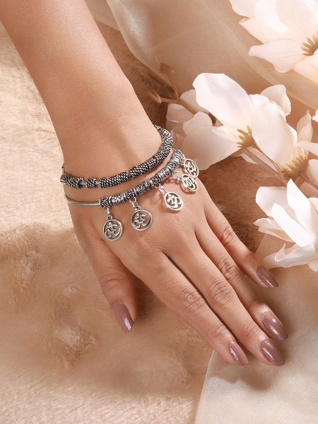 

Sangria Set Of 2 Silver-Plated Textured & OM Cuff Bracelet