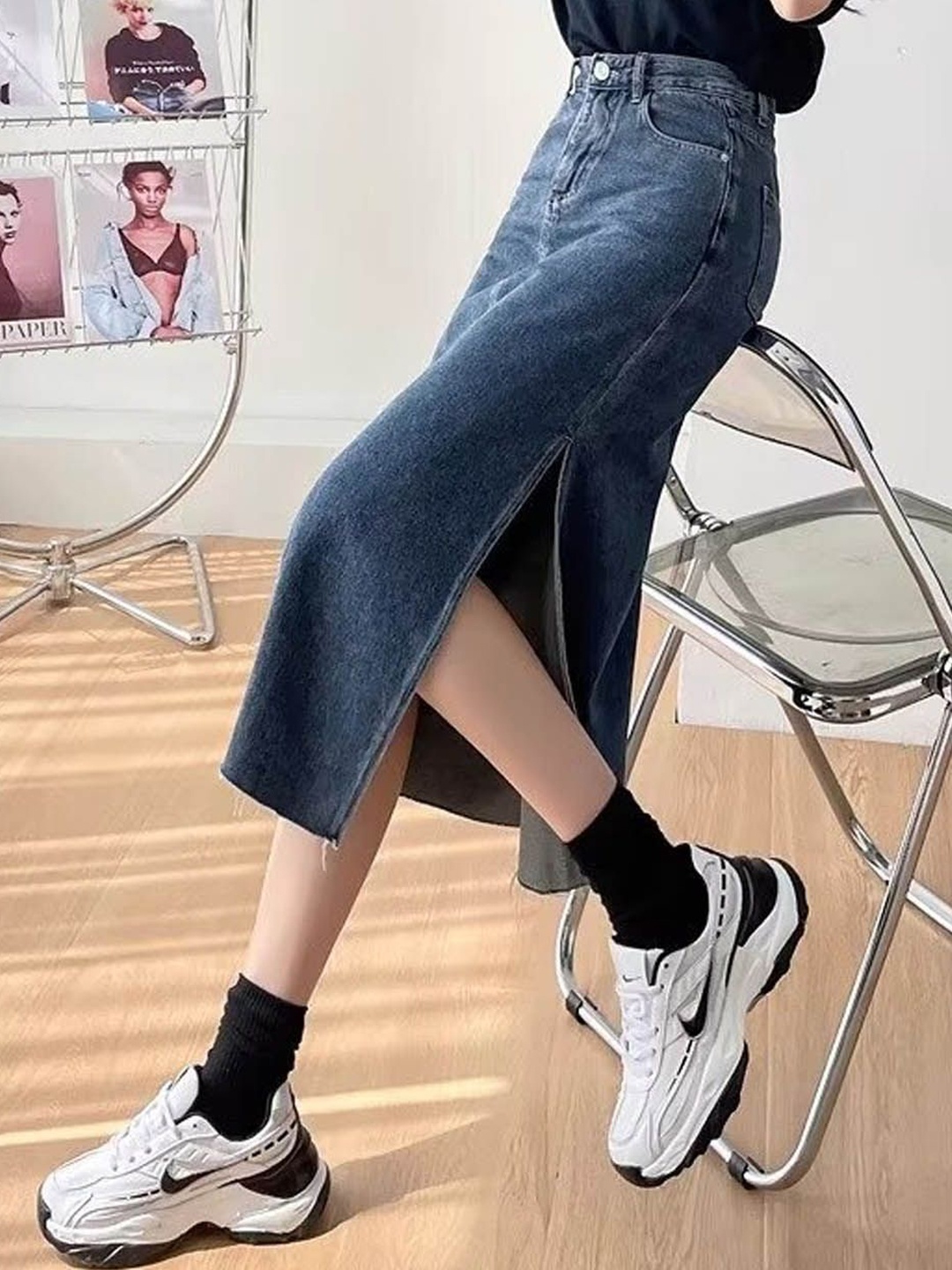 

StyleCast Straight Midi Denim Skirt, Blue