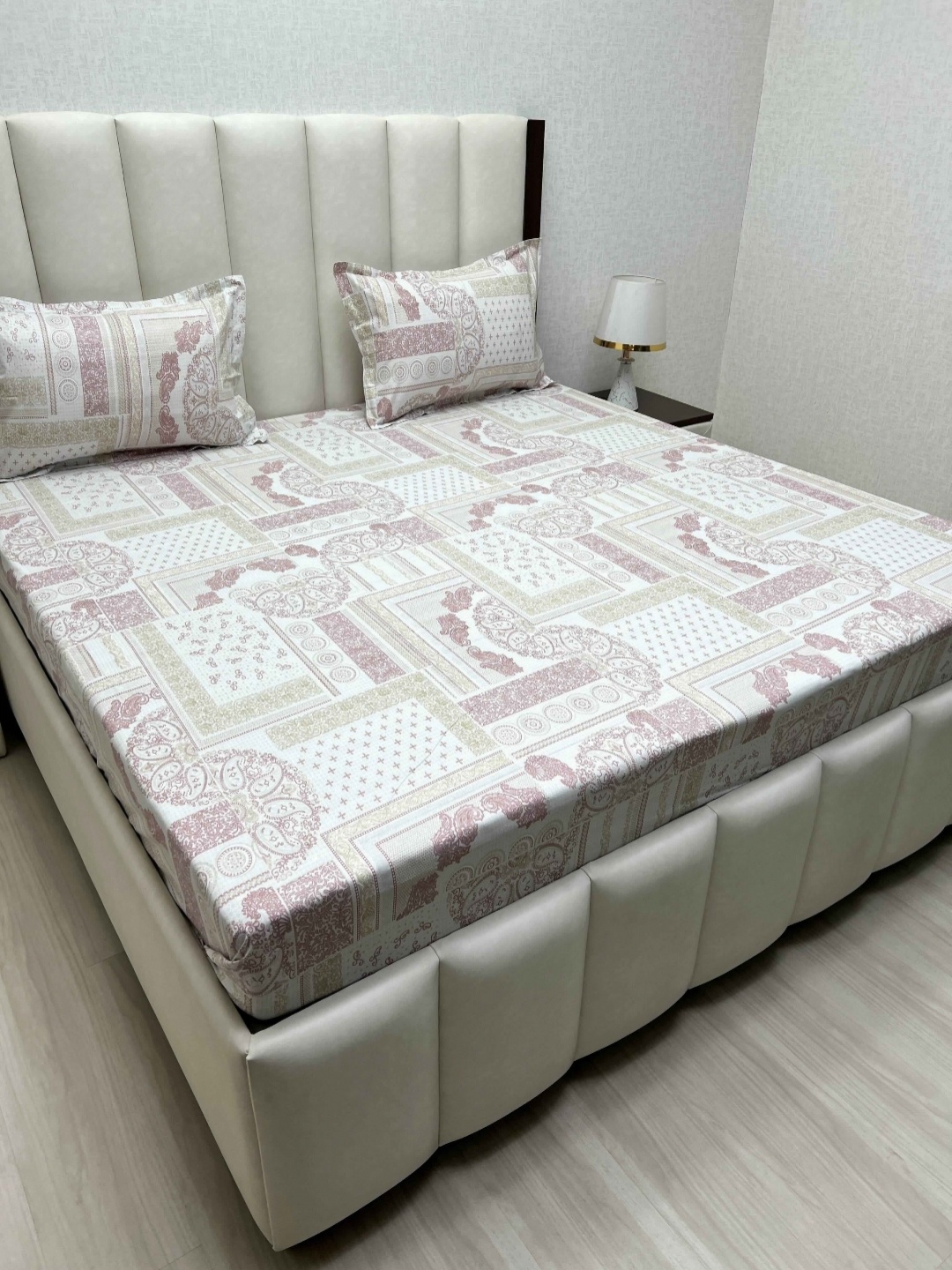 

Pure Decor Velar White Printed Pure Cotton 400 TC Super King Bedsheet Set- 2.74 m x 3.04 m