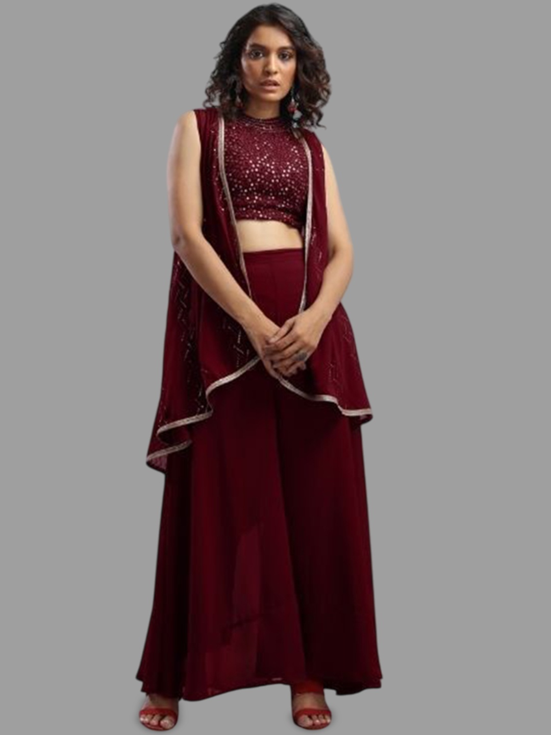 

PARROT CREATION Sweta Embroidered Halter Neck Georgette Crop Top With Palazzos & Shrug, Maroon