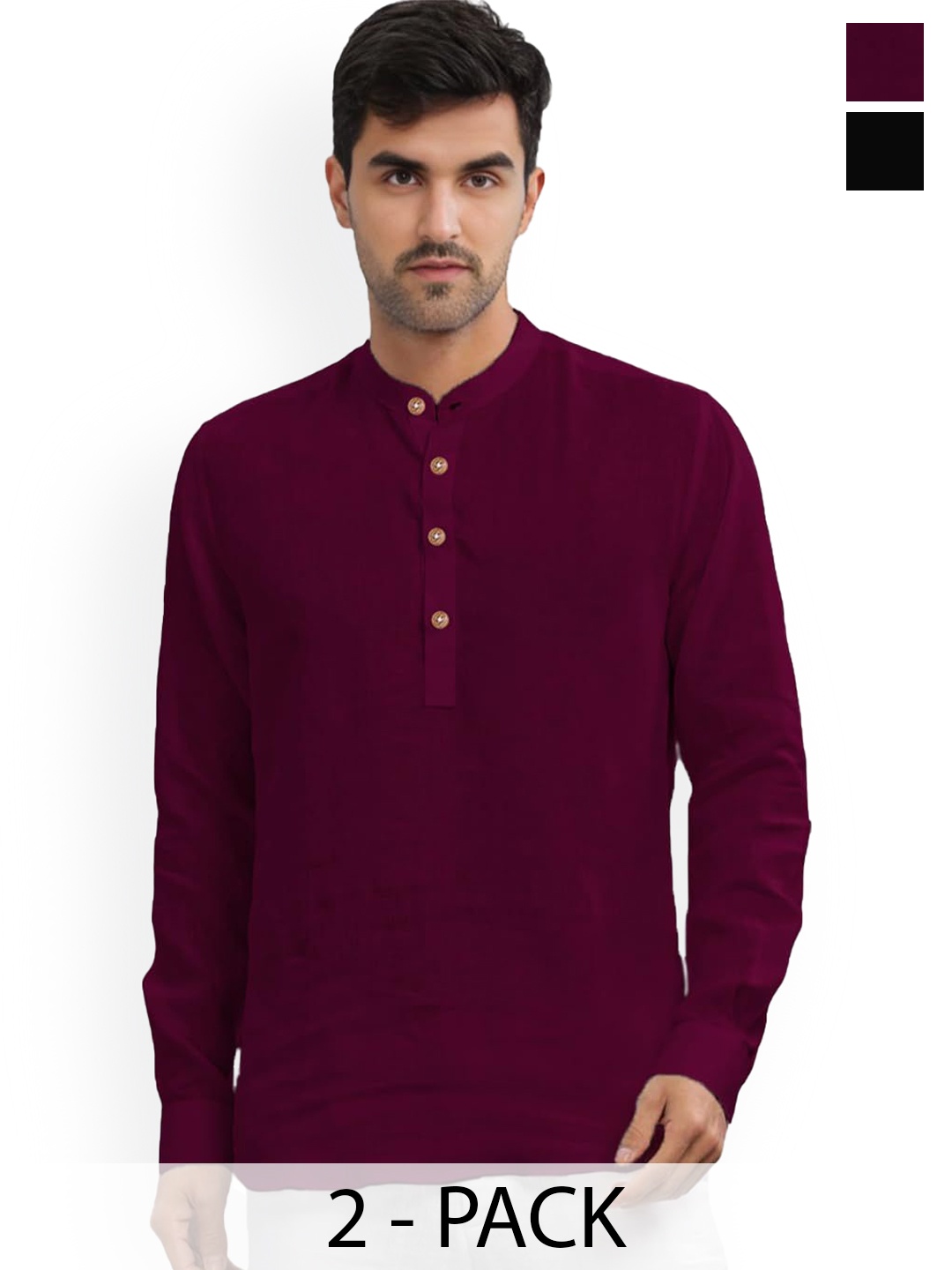 

Vida Loca Selection Of 2 Band Collar Cotton Slim Fit Straight Short Kurtas, Purple