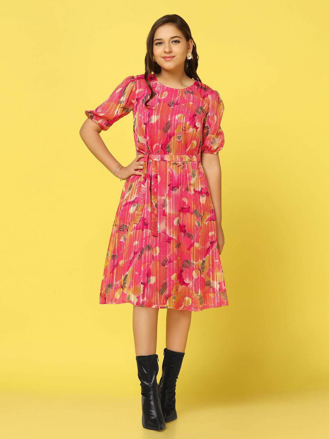 

YK Women Floral Printed Georgette Fit & Flare Dress, Pink