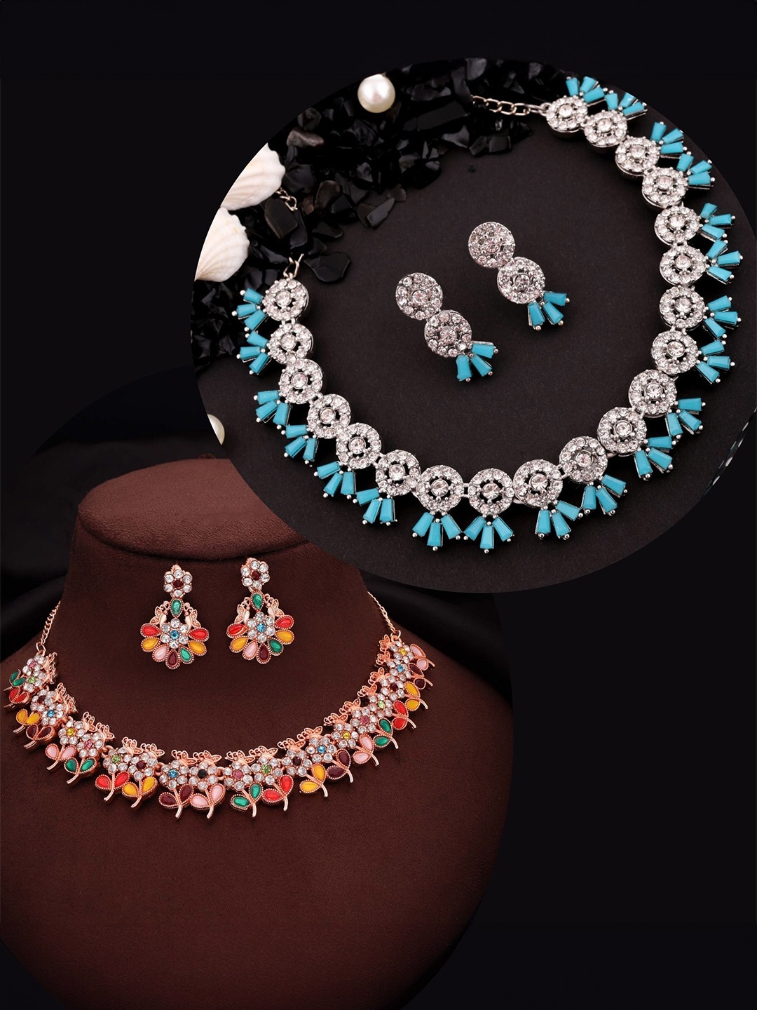 

DIVASTRI Set Of 2 Rose Gold-Plated American Diamond Studded Jewellery Set
