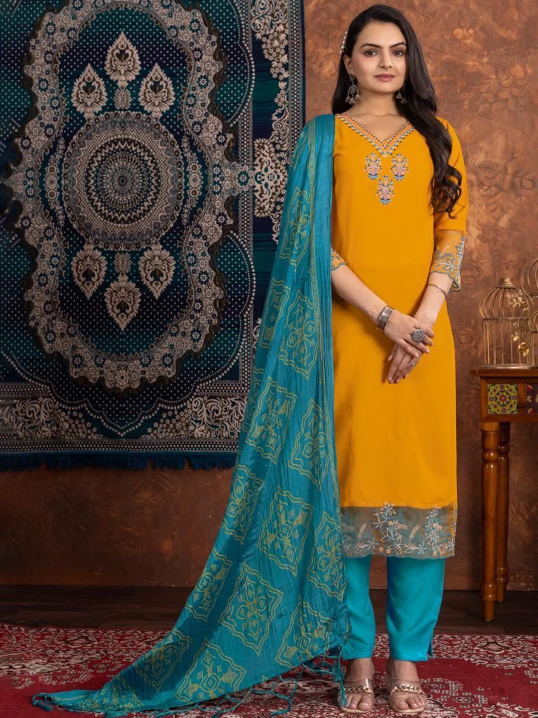 

FVD Floral Embroidered V-Neck Straight Kurta With Trousers & Dupatta, Yellow